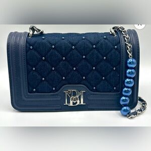 Badgley Mischka Denim Diamond Quilted Crossbody w/Matching Pearls Blue NWT